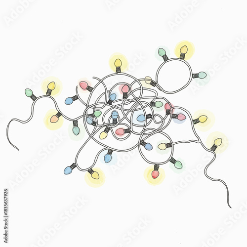 A tangled mess of colorful christmas string lights with a simple line drawing silhouette and soft watercolor glow effect