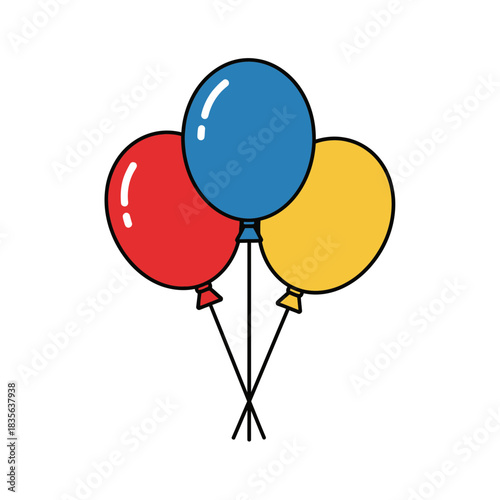 A trio of red blue and yellow balloons tied together with strings floating upwards in a simple silhouette style