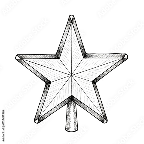 A detailed hand drawn sketch of a five pointed star ornament with a textured surface and a stem for decoration silhouette