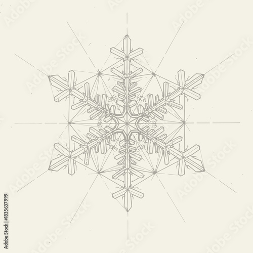 Intricate hexagonal snowflake design with geometric construction lines and a delicate outline silhouette