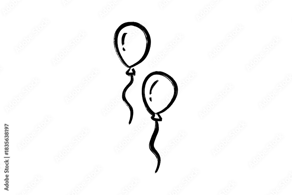 Fototapeta premium Two simple black and white hand drawn sketch style balloons with strings floating isolated on transparent background for celebration design element