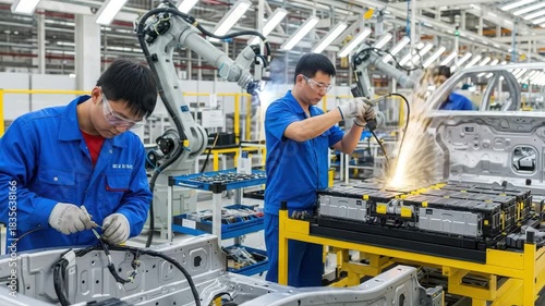 Workers focus on assembling electric vehicle batteries at a factory in China on a busy day
