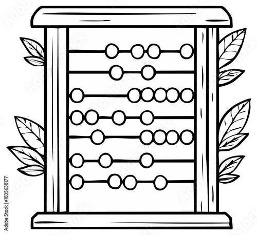 Hand drawn wooden abacus with leaf decoration, a vintage calculating tool line art illustration.