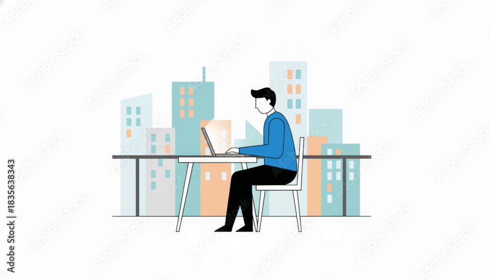 Fototapeta premium Man working on laptop on balcony with city skyline background. Remote work and freelance concept. Flat design vector illustration
