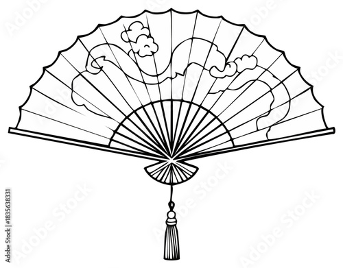 Traditional Asian folding fan with decorative wave and cloud pattern and tassel ornament
