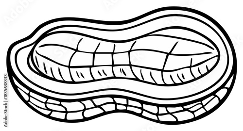 Simple black and white line art of a split peanut pod showing the textured shell and kernel inside