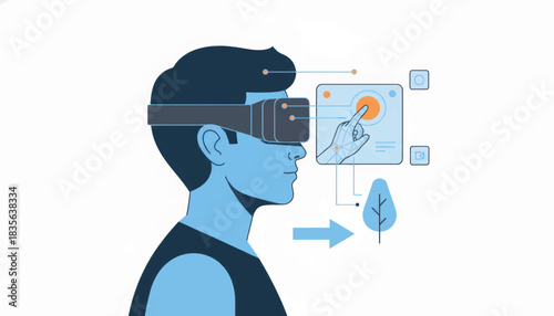 Virtual reality and augmented reality interaction concept. Man wearing VR headset touching digital interface. Flat design vector illustration