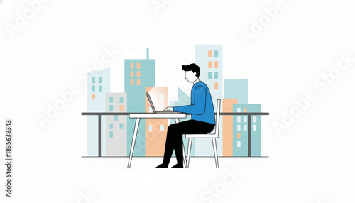 Man working on laptop on balcony with city skyline background. Remote work and freelance concept. Flat design vector illustration