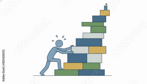 Business struggle and hard work concept. Man pushing heavy blocks in unstable tower. Hand drawn vector illustration