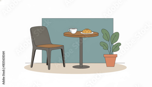 Cozy cafe interior with coffee and croissant. Minimalist flat design vector illustration. Breakfast table with chair and plant