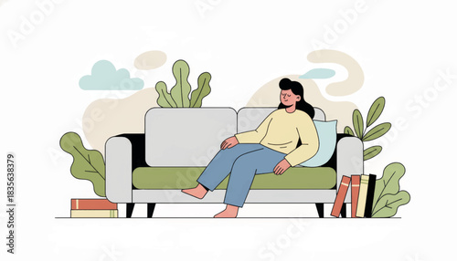 Woman relaxing on sofa in living room. Digital detox and mental health concept. Flat design vector illustration