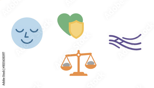 Emotional well-being and mental health icon set. Flat design vector symbols for psychology and wellness. Minimalist illustration of calm face, heart shield, balance scale and flow elements