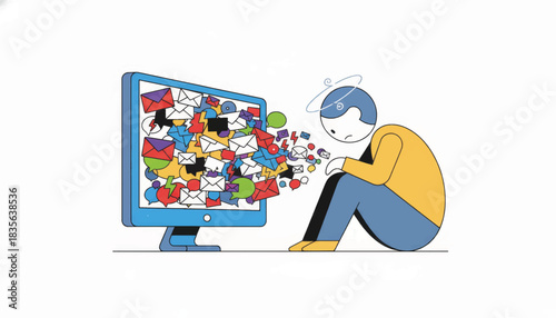 Character overwhelmed by email and digital notifications. Information overload and workplace stress concept. Minimalist flat vector illustration