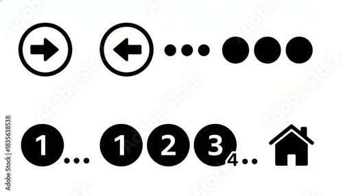 Pagination and navigation UI icon set. Simple flat glyphs with arrows, numbers, and home symbols. Vector elements for web and app interface design