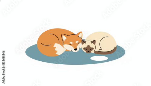 A Shiba Inu dog and a Siamese cat sleeping together. Minimalist flat design vector illustration. Pet friendship and companionship concept