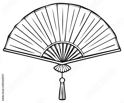 Elegant Black and White Outline Illustration of a Traditional Folding Fan with Tassel