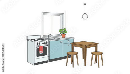 Minimalist illustration of a compact kitchen interior. Hand-drawn vector graphic of a domestic scene with a stove, table, and stools. Home and apartment living concept