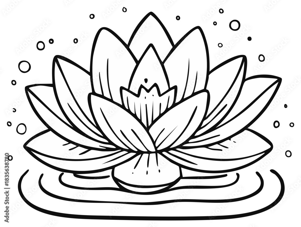 Fototapeta premium Stylized Lotus Flower with Water Ripple - Hand Drawn Line Art Illustration for Coloring