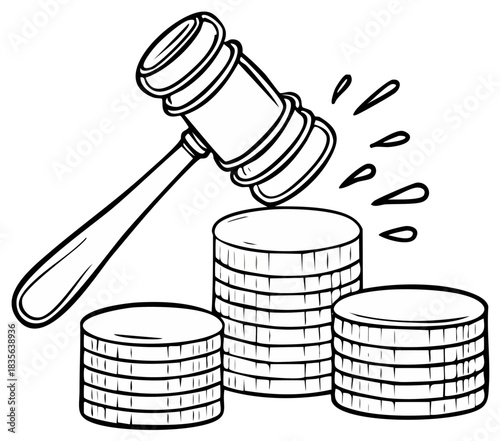 Lawyer's gavel striking stacks of coins signifying financial judgment or legal auction