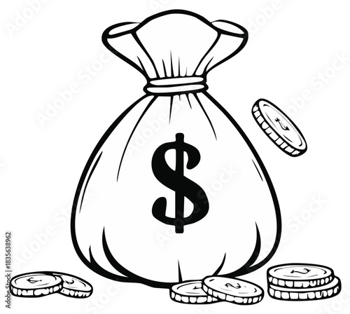 Money Bag with Dollar Sign and Falling Coins, Black and White Illustration