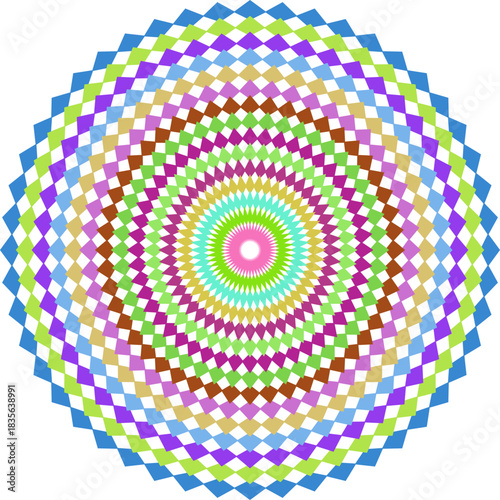 Vibrant Circular Pattern with Geometric Diamond Shapes in Rainbow Colors for Modern Design and Creative Backgrounds