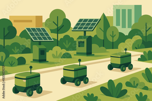 Future cyrillic greenery stations clean green vector icon robots logistics full modern