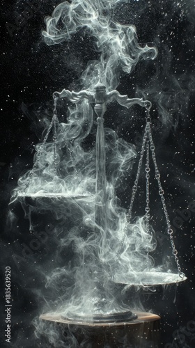 Silver balance scale enveloped in swirling smoke and mist. Vertical mystical symbol of law and justice on dark background