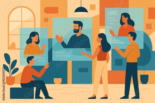 Through geometric characters bubbles simple vector cohesive no captions icon interaction holographic