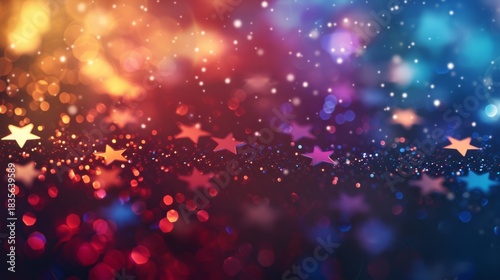 Abstract background with colorful bokeh lights and star shaped confetti. Festive Christmas or New Year holiday texture. Magic party glitter design