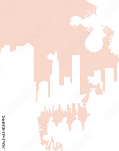 A stylized silhouette scene shows a crowded skyline with walking people and abstract virus-like shapes above the city.