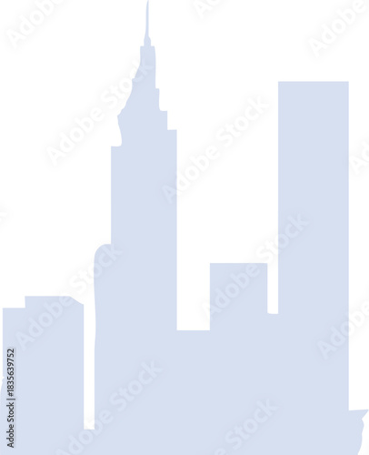 A minimal light-blue silhouette of a city skyline features tall buildings with simple geometric shapes against a plain background.