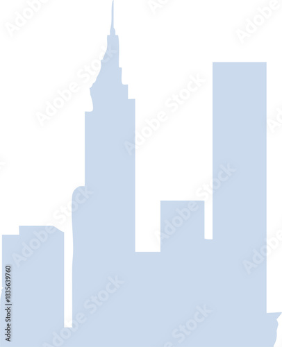 A minimal light-blue silhouette of a city skyline features tall buildings with simple geometric shapes against a plain background.