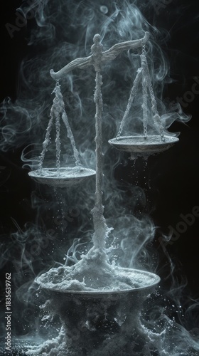 Silver scales of justice made of glitter and dust in smoke. Vertical balance concept on black background. Abstract legal symbol