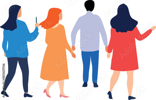 A flat illustration shows four faceless people from behind, walking together in colorful clothing in a simple modern style.