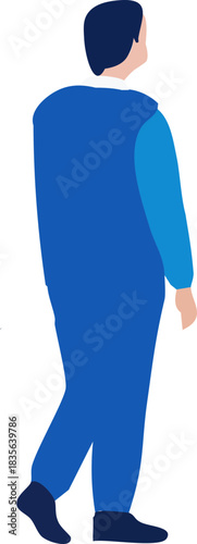 A flat illustration shows a man from behind walking forward, wearing a blue outfit and looking slightly to the side.