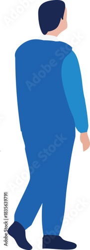 A flat illustration shows a man from behind walking forward, wearing a blue outfit and looking slightly to the side.