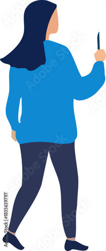 A flat illustration of a woman seen from behind, walking forward while holding a small object in her raised hand, dressed in a blue top and dark pants.