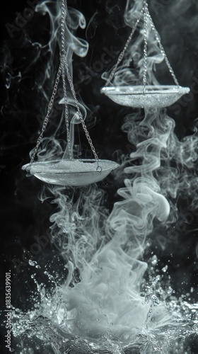 Silver balance scales with glitter and rising smoke. Vertical water splash and vapor on black background. Conceptual alchemy and justice symbol