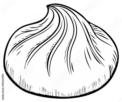 Illustration of steamed Chinese baozi bun with pleated top, savory filling, black line art