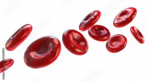Red blood cells flowing isolated on white background. 3D illustration of medical erythrocytes. Hematology and microbiology concept
