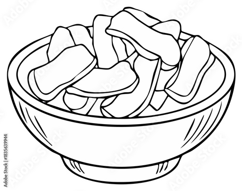 Hand-drawn illustration of a bowl filled with sliced fruits or vegetables