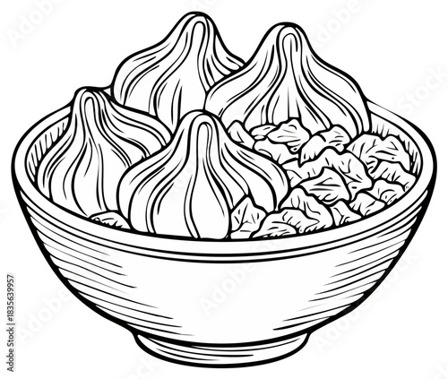 Traditional Indian Modak sweets in a bowl hand drawn outline illustration for festivals