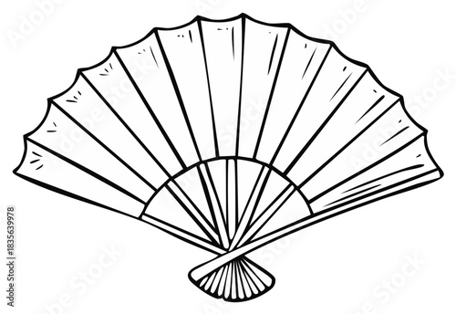 Traditional open folding hand fan simple black and white line art drawing illustration