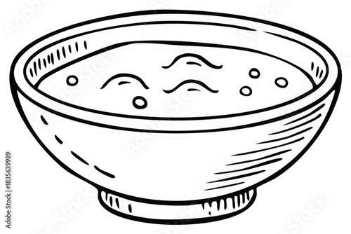 Full Bowl of Soup or Cereal with Toppings Simple Black and White Line Drawing