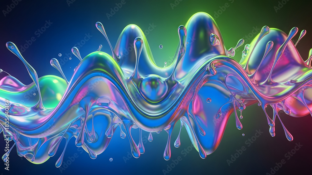 Obraz premium Abstract Wavy Iridescent Fluid Liquid Splash on Blue Green Gradient Backdrop with Splatters and Droplets Dynamic Artistic Design Artistic Presentation
