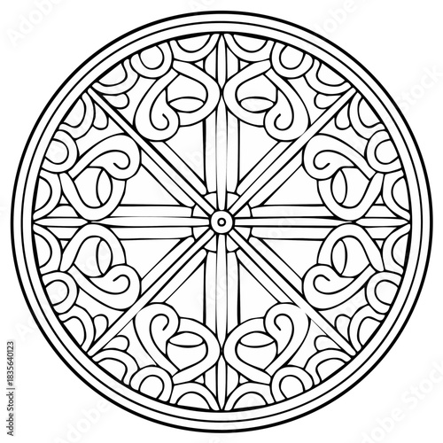 Decorative wheel mandala illustration with intricate symmetrical patterns. Black and white coloring page design.