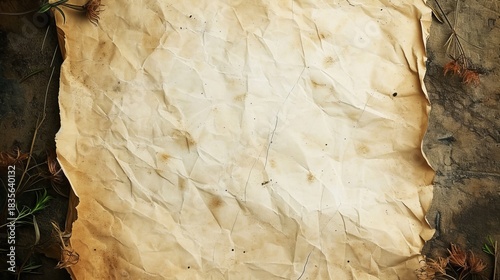 Old crumpled parchment paper texture background with dried flowers. Vintage antique sheet on rustic wooden table. Copy space for text