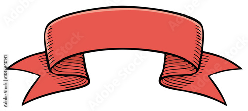 Coral Red Ribbon Banner with Black Outline and Hatching Detail