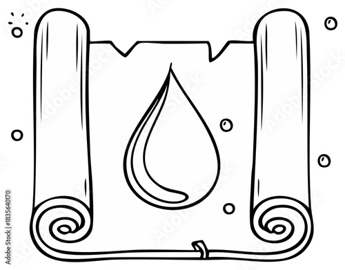 Hand drawn illustration of a scroll with a water drop and bubbles symbolizing purity and knowledge