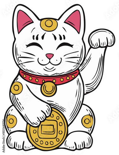 Lucky waving cat illustration with gold coin and red collar design
